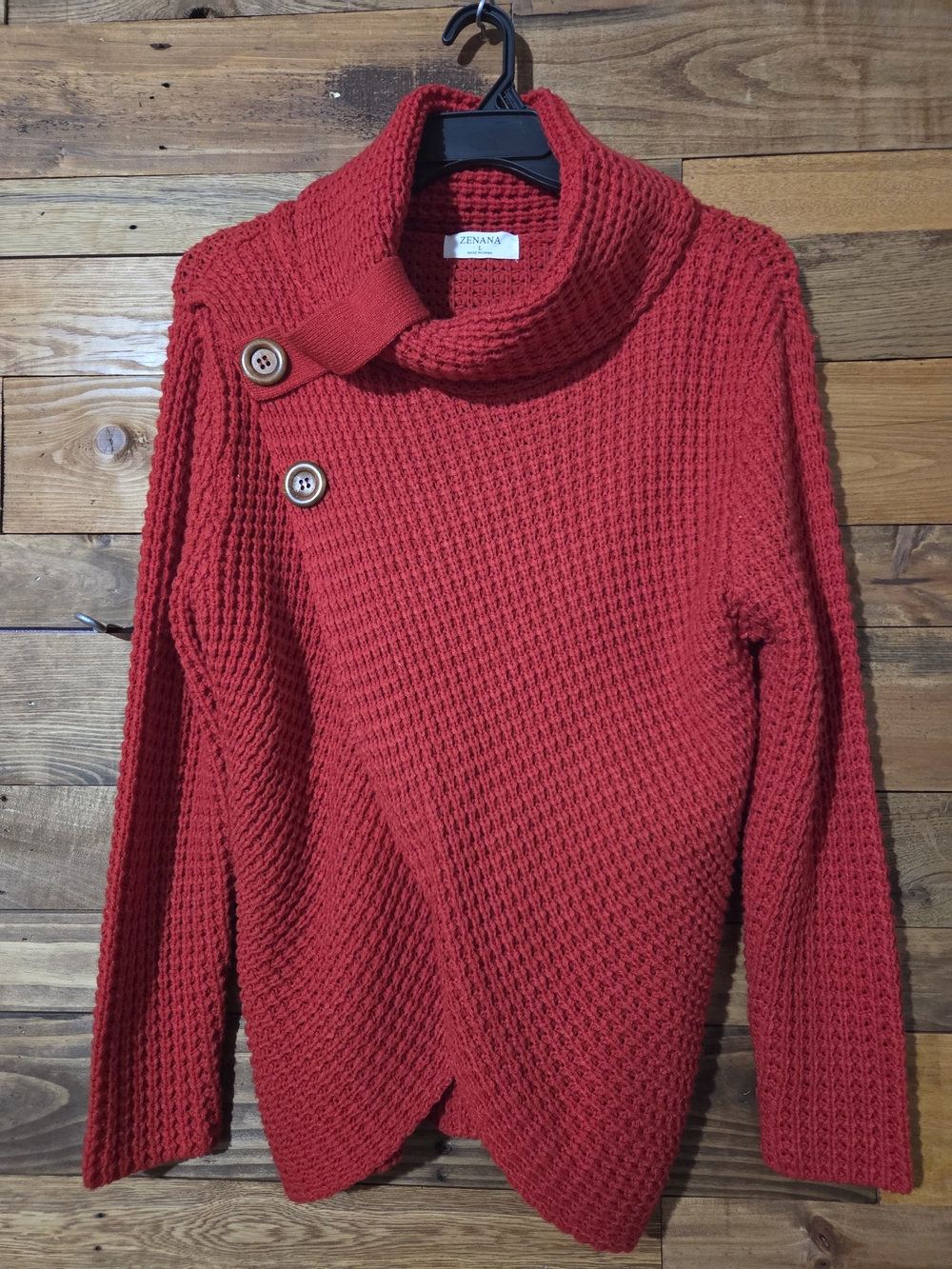 Waffle Knit Cowl Neck Cozy Sweater Asymmetrical Button Red Size L Casual
